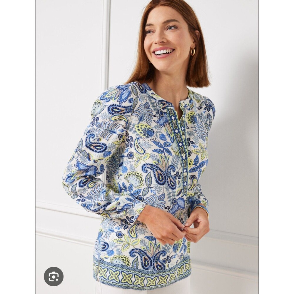 Talbots Shirt‎ Womens Petite P Blue Green Paisley Floral Split Neck Long Sleeve